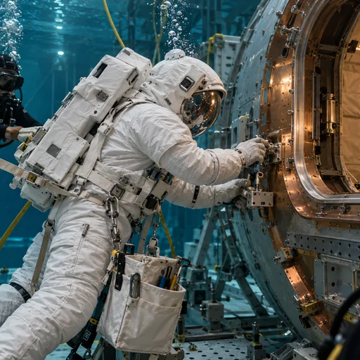 Astronaut training beside a spacecraft hatch in a neutral-buoyancy pool during operational practice